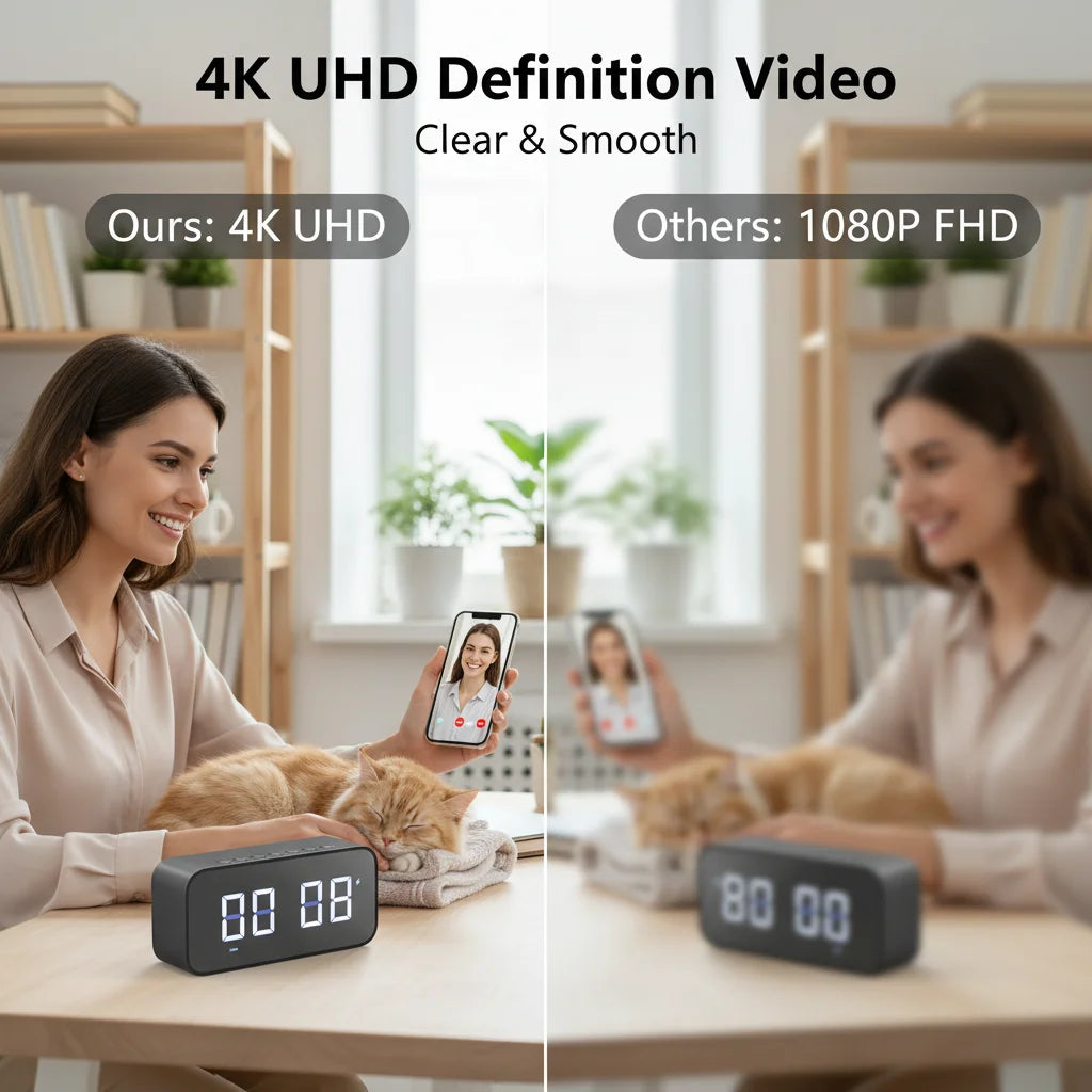 Black rectangular plastic hidden camera digital clock with a white LED display comparing 4K to 1080P video resolution.
