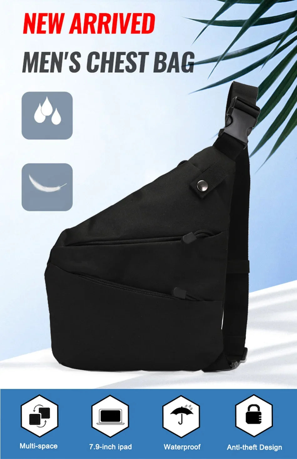 Black compact anti-theft crossbody sling bag with multiple zip pockets, adjustable strap, and waterproof design.