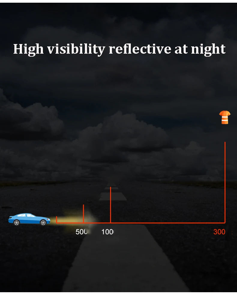 Orange high-visibility polo shirt with reflective strips, shown in a night-time visibility demonstration.