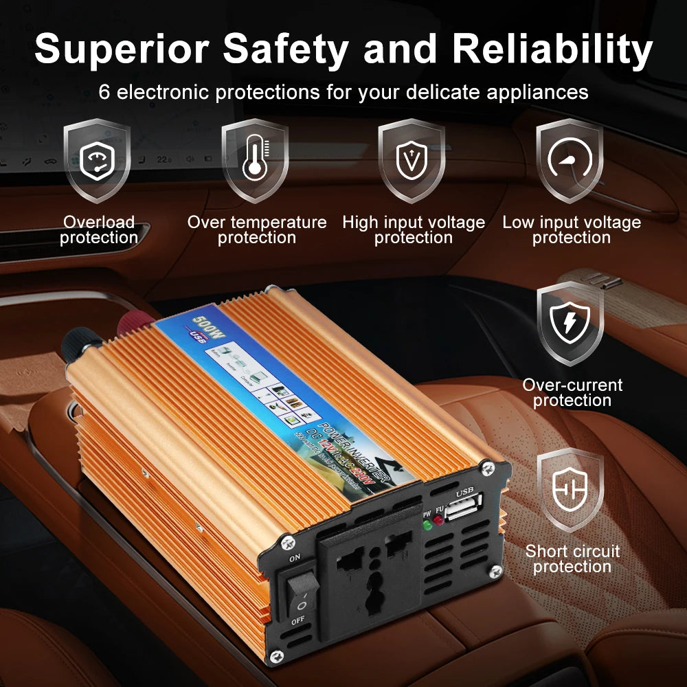 Orange 500W car power inverter with USB port, AC outlet and six built-in safety protection features.