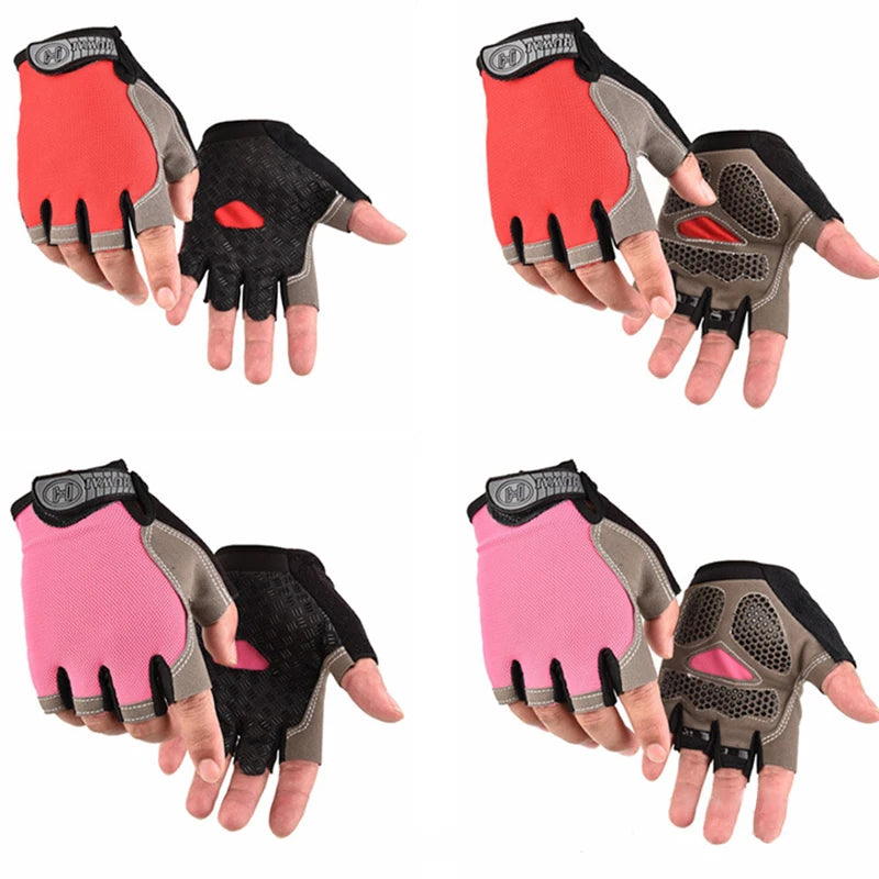 Fingerless cycling gloves in red and pink with black textured grip palms and adjustable wrist straps.