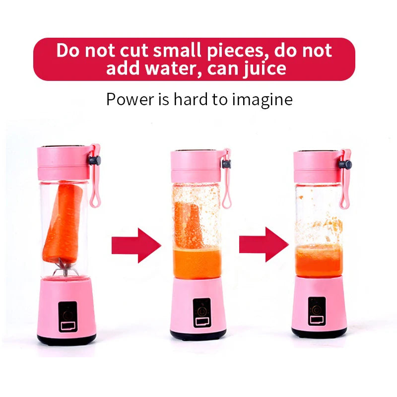 Portable pink electric blender juicing a carrot, shown in three progressive stages of operation.