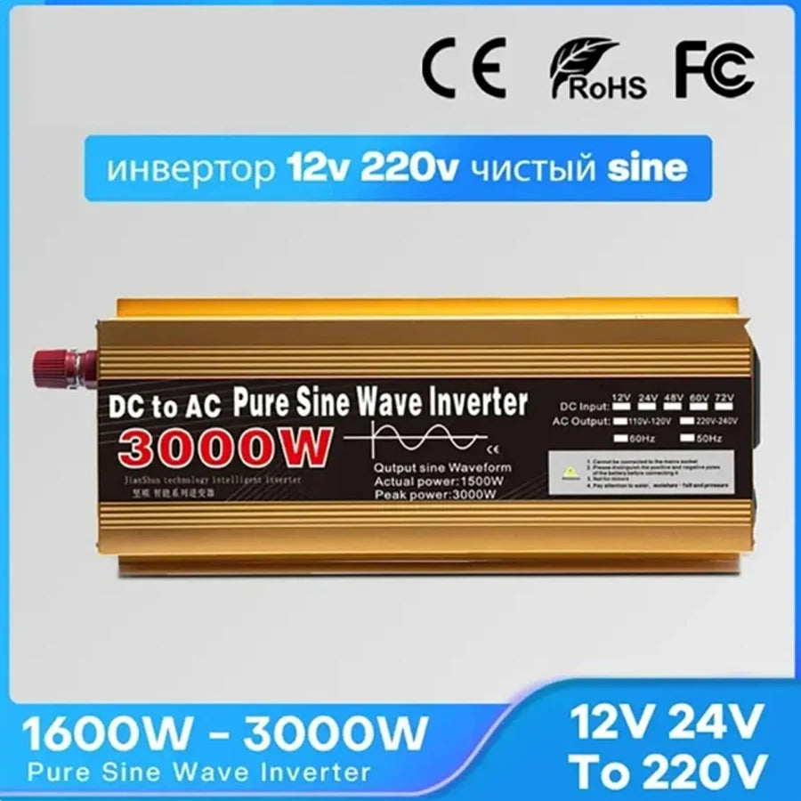 Gold-coloured 3000W pure sine wave power inverter with 12V DC to 220V AC input/output specifications.