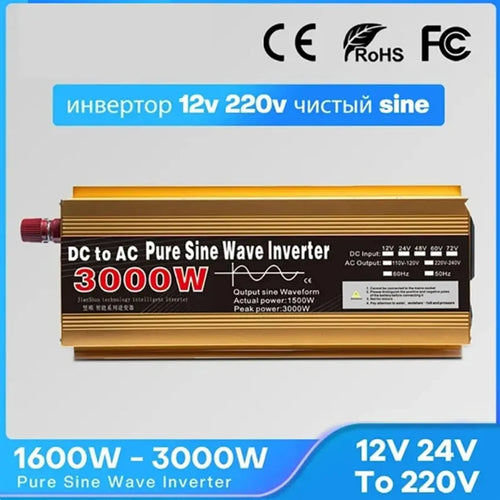 Gold-coloured 3000W pure sine wave power inverter with 12V DC to 220V AC input/output specifications.