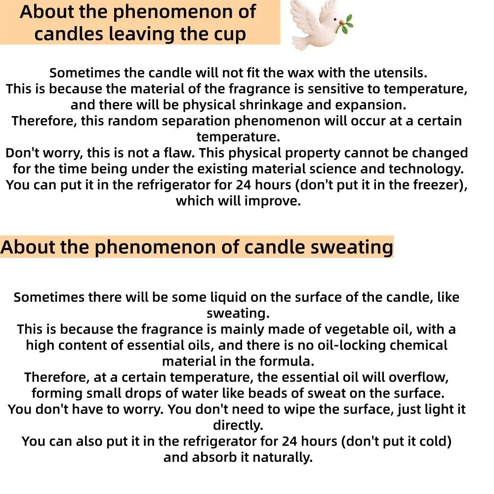 Informational infographic explaining common candle occurrences like wax shrinkage and surface sweating.