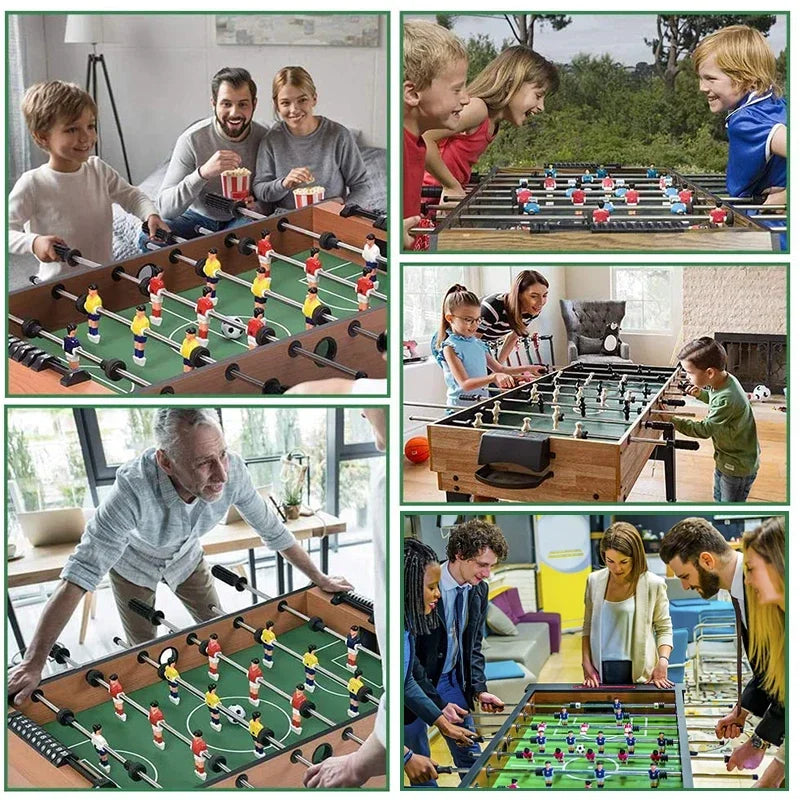 Wooden-finish foosball table with green pitch, colourful plastic players, and black telescopic rods for home fun.