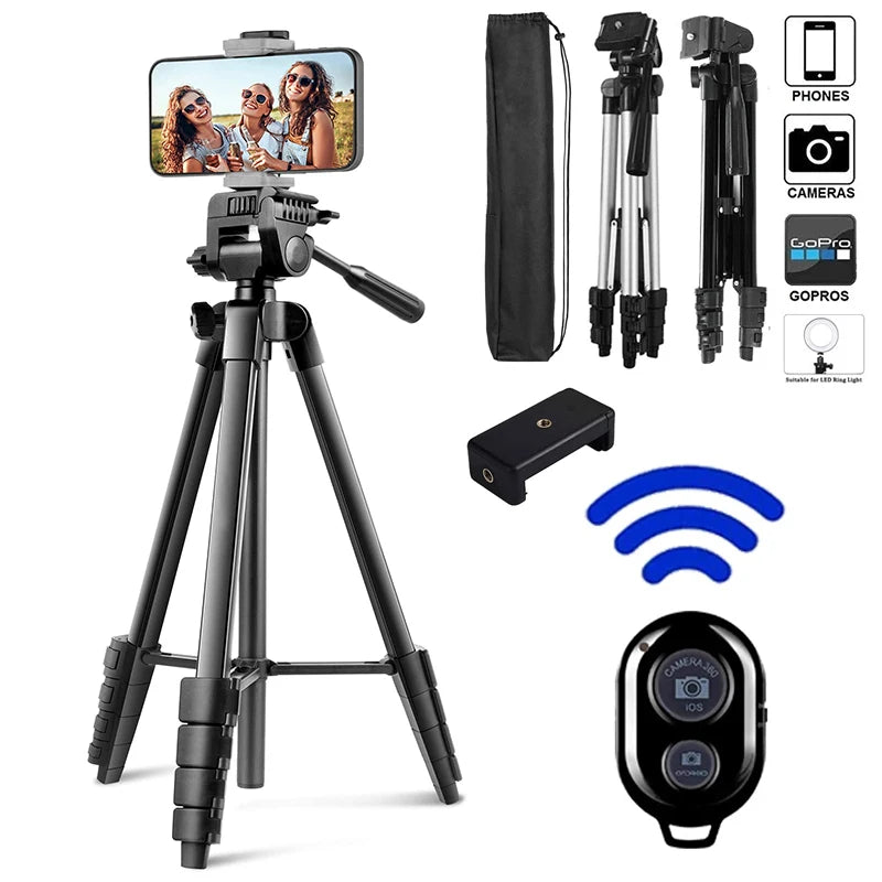 Black adjustable tripod stand with phone holder, carry bag, and wireless Bluetooth remote shutter for mobile photos.