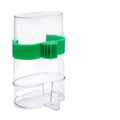 Clear plastic bird feeder cup with a bright green adjustable mounting bracket, isolated on a white background.