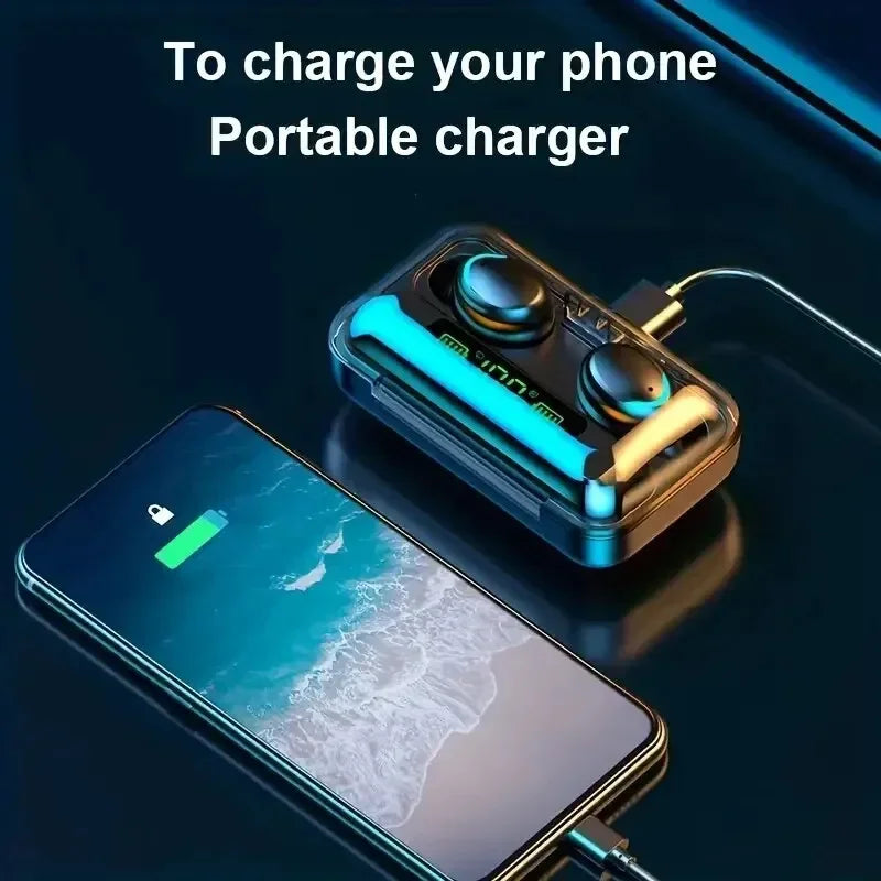 Portable charger and wireless earbuds case in black with neon blue LED lights, charging a smartphone.
