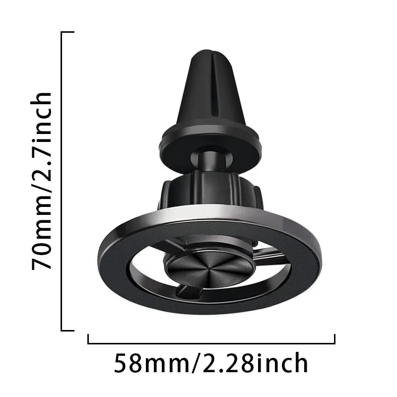 Black car air vent mount with a circular, metallic-finish face and dimensions indicated on a white background.