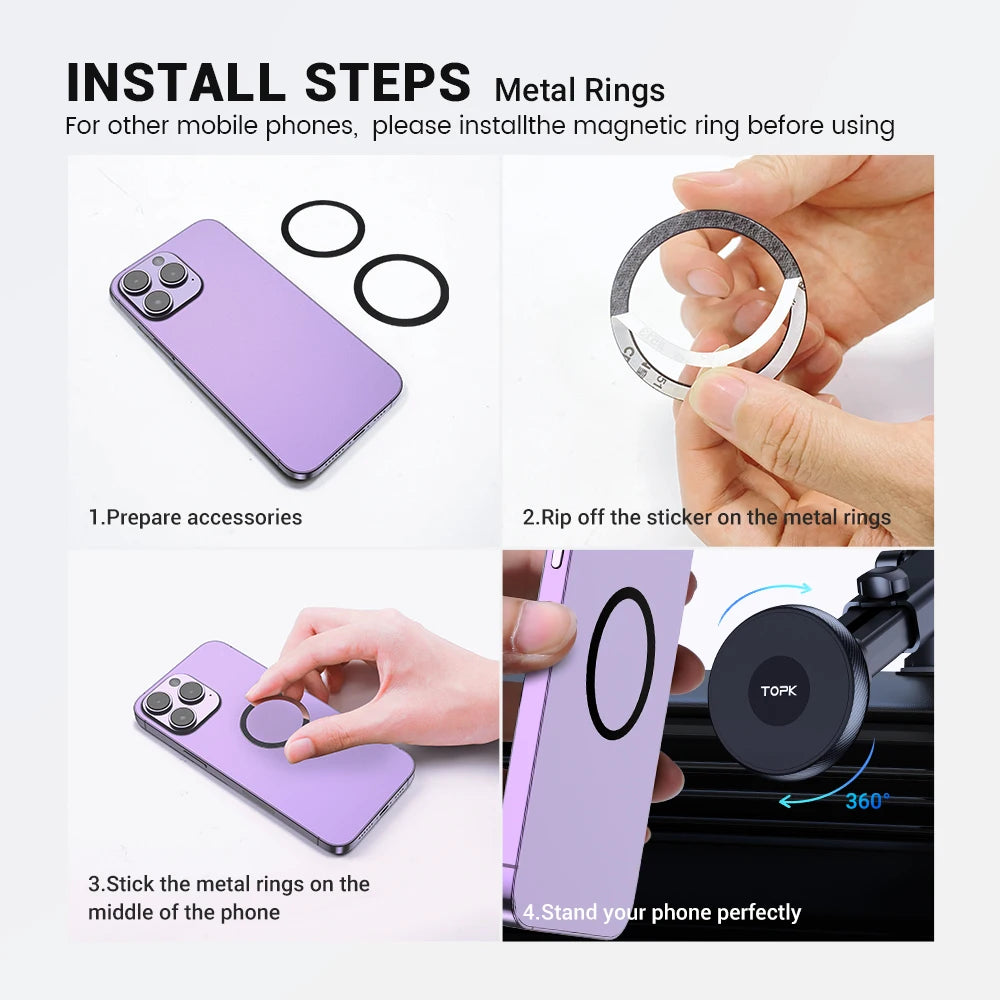 Installation guide for black adhesive magnetic rings, showing how to attach them to a lavender smartphone.