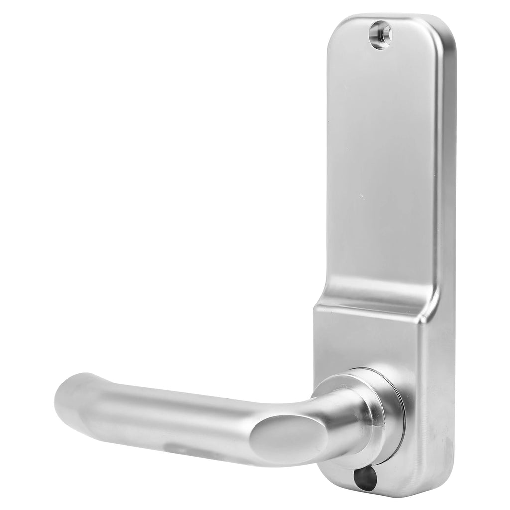 Silver-colored metal door handle with a rectangular backplate and a screw hole at the top, isolated on white.