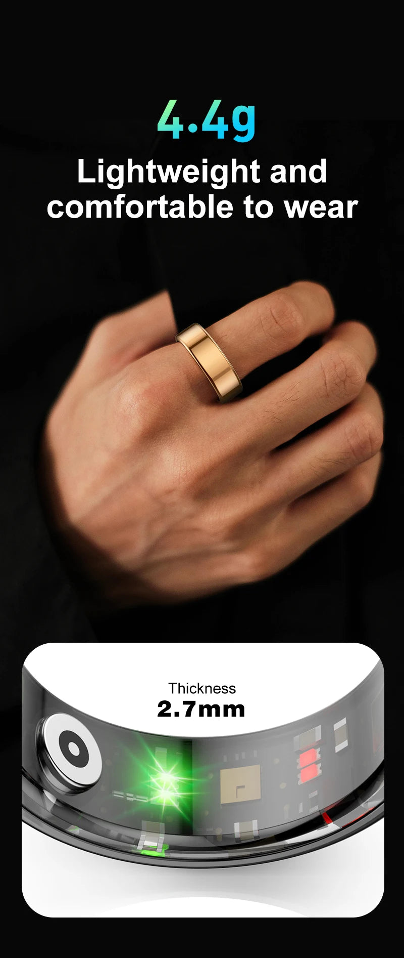 A gold smart health tracking ring, 4.4g and 2.7mm thick, worn on a finger with visible internal health sensors.