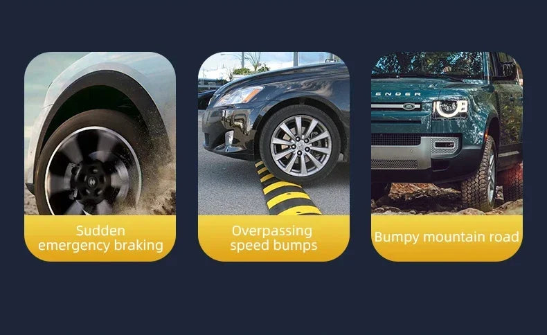 Three panels showing cars braking, crossing yellow-black speed bumps, and driving on a bumpy road.