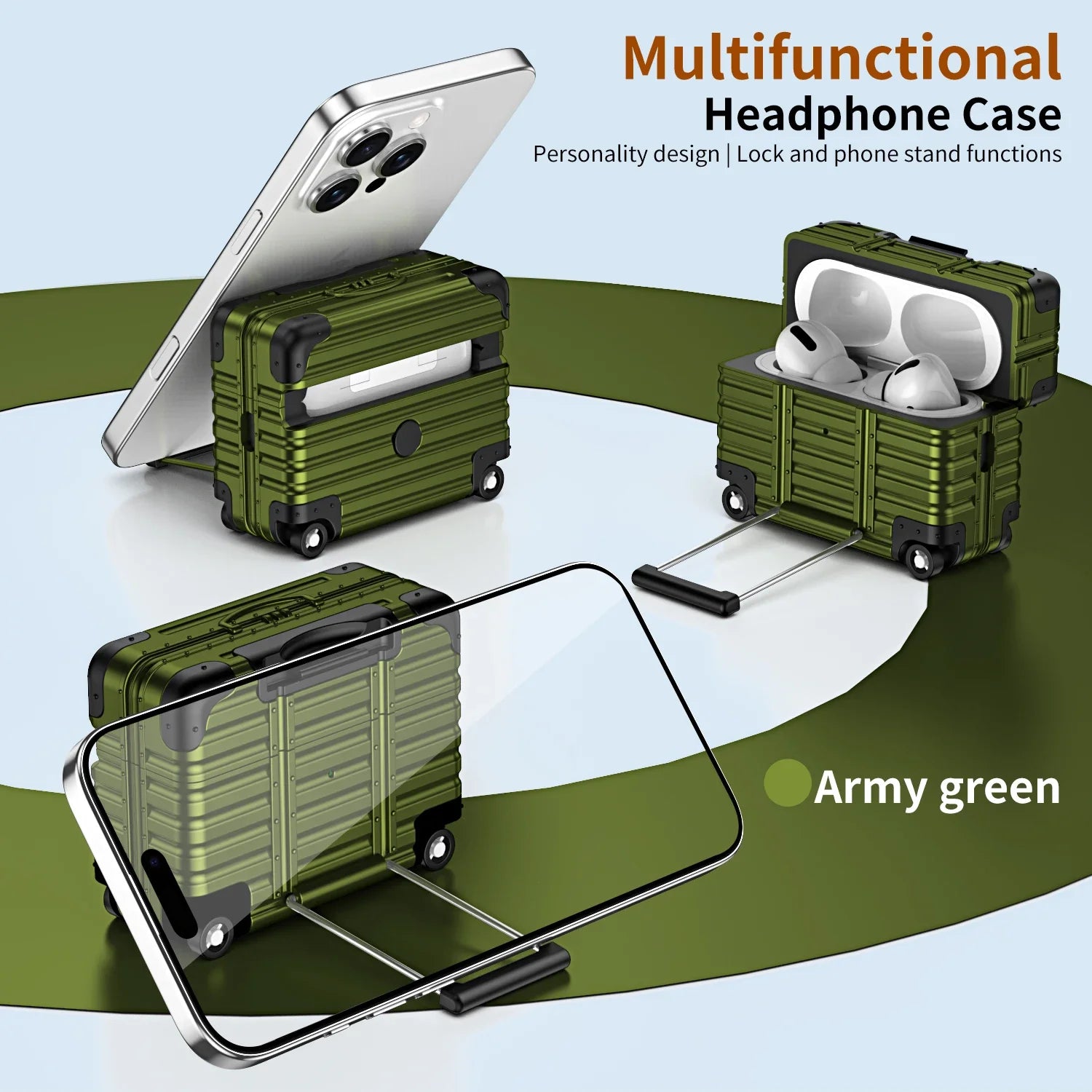 Army green, suitcase-style hard-shell case for AirPods Pro, featuring a built-in phone stand and luggage design.