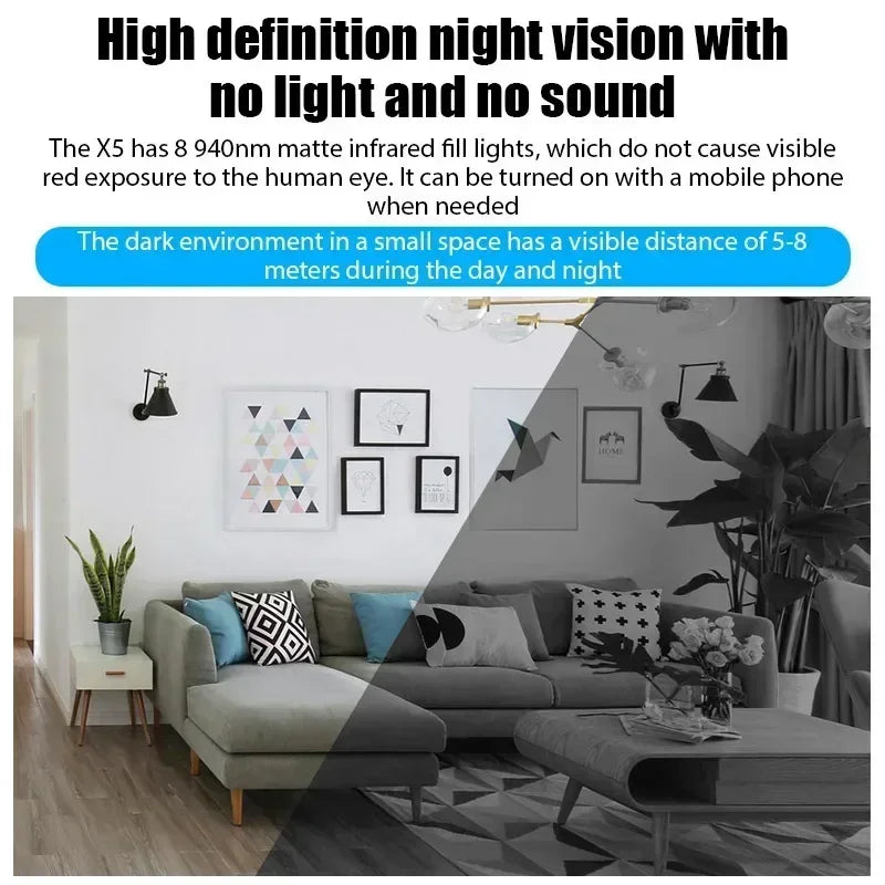 Living room showing half-color and half-monochrome view, demonstrating night vision camera capability.