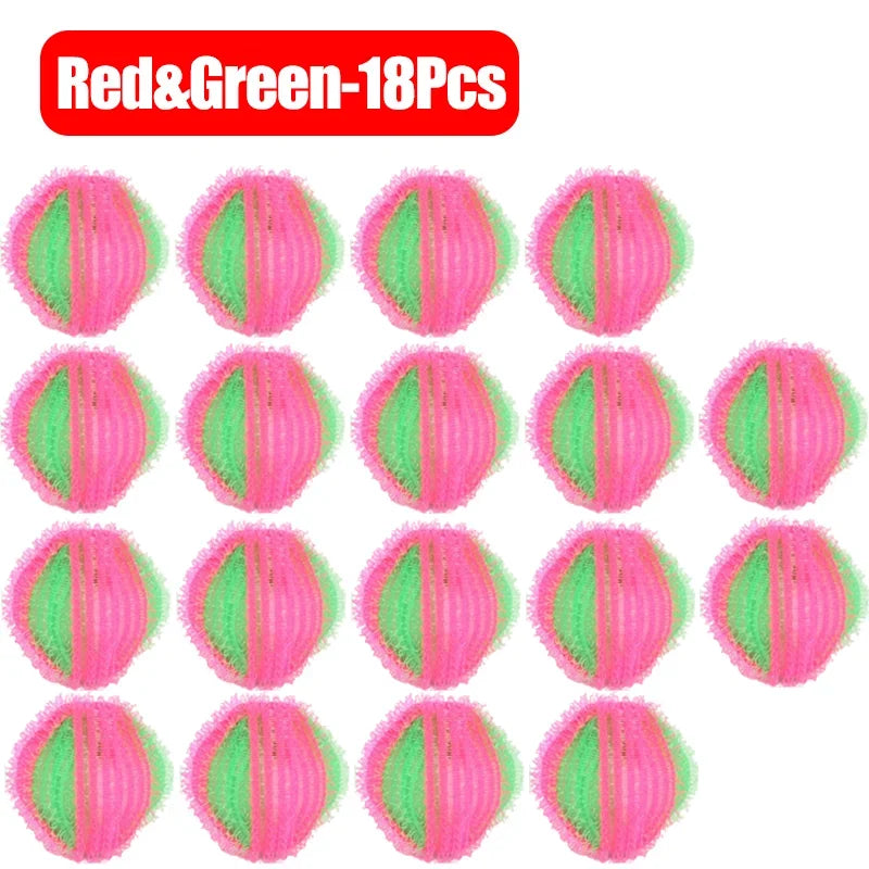 18 pink and green striped spherical scrub sponges arranged in a grid on a white background.