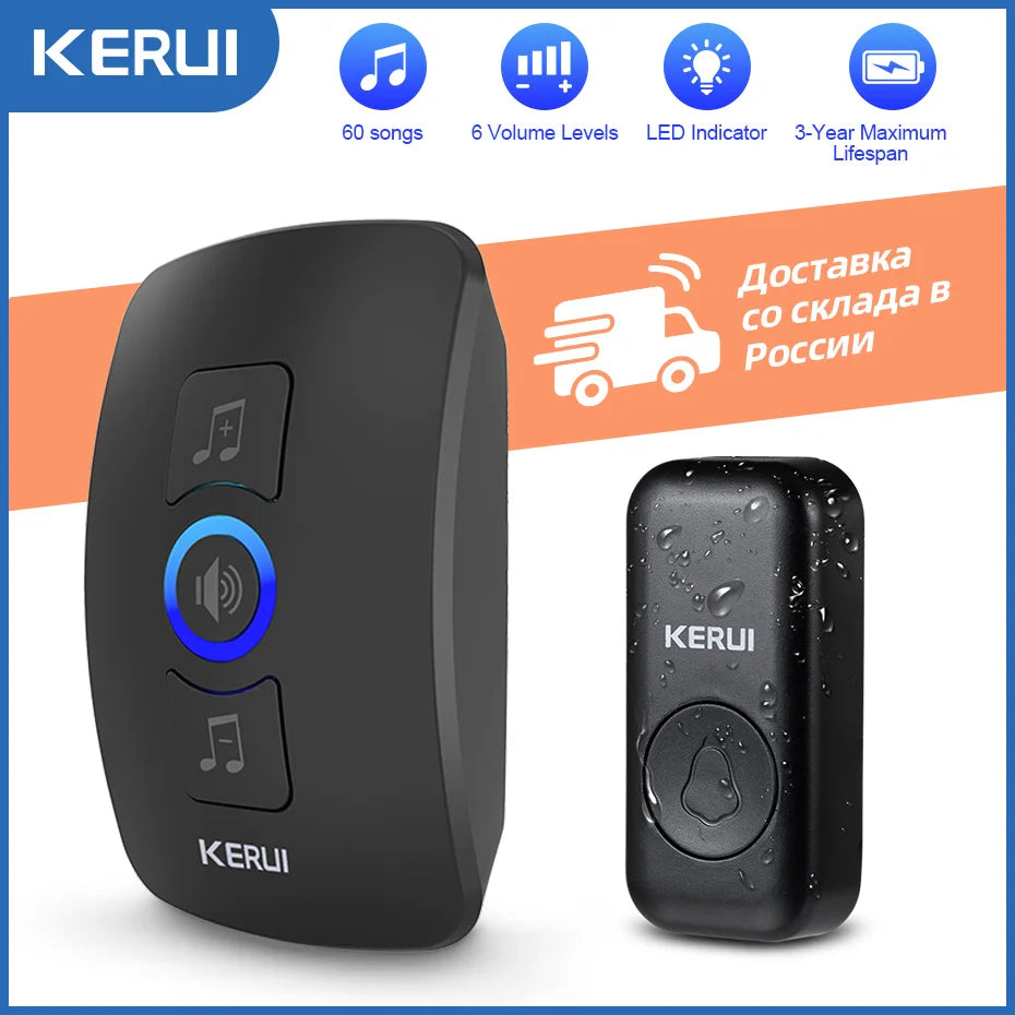 Black plastic wireless doorbell set with a plug-in receiver, a waterproof transmitter, and LED indicator light.