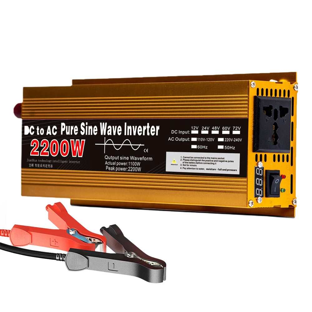 Gold 2200W pure sine wave power inverter with plug socket, digital display, and red and black battery connector cables.
