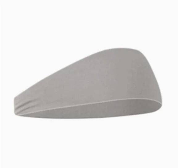 Plain grey fabric headband with a tapered, stretchy design for sports and everyday wear.