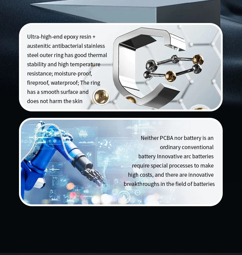 Sleek, silver-tone waterproof smart health tracking ring featuring a durable stainless steel finish and arc battery.