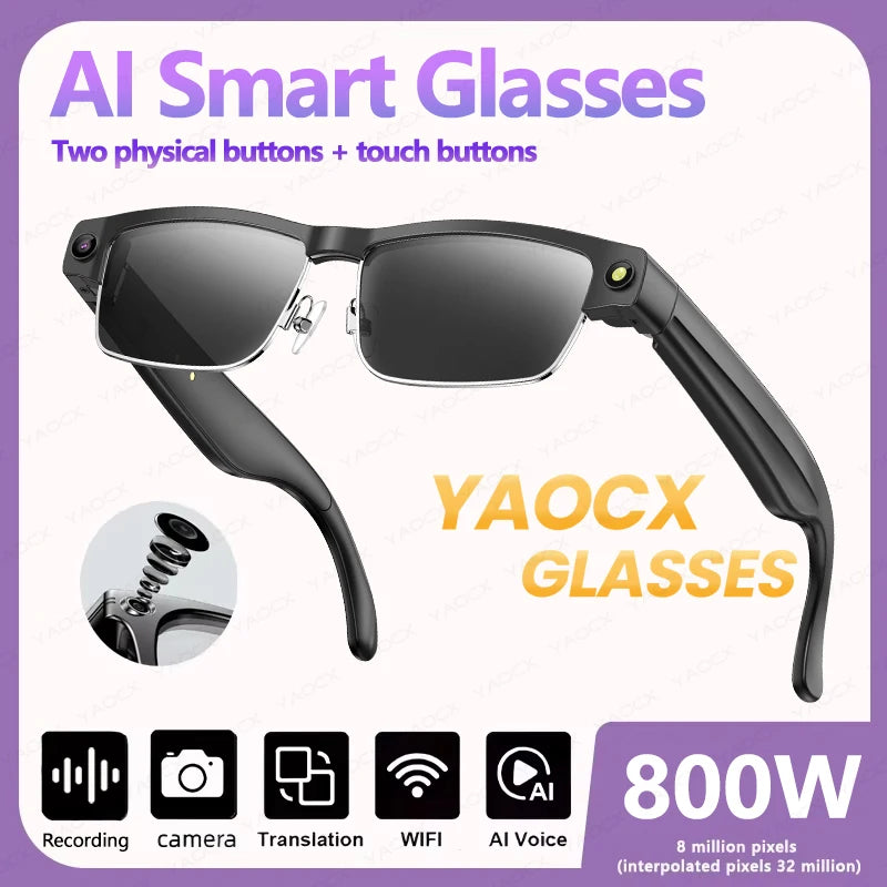 Sleek black AI smart glasses featuring built-in cameras, physical and touch controls, and integrated voice assistance.