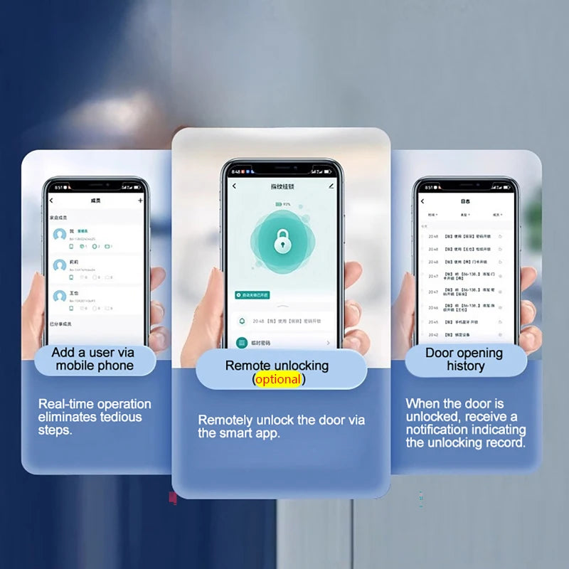 Three smartphone screens displaying a smart lock app interface for user management, remote unlocking, and logs.
