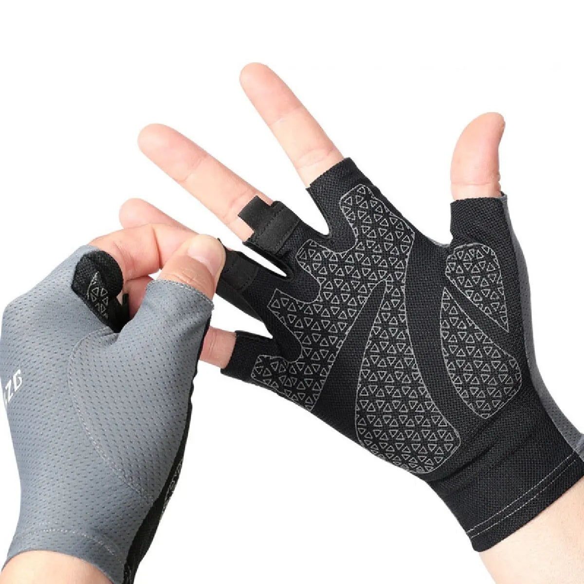 Fingerless cycling gloves in black and grey, featuring a textured geometric grip pattern on the palm.