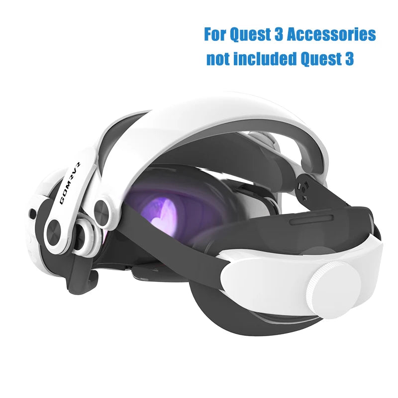 Adjustable white halo-style head strap for VR headset, featuring a rear adjustment dial and ergonomic padded support.