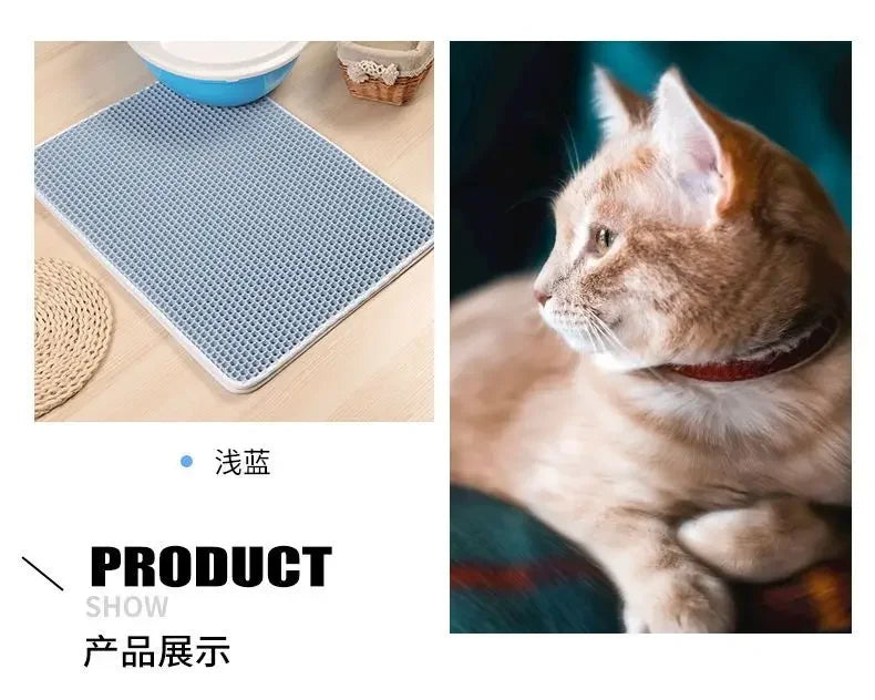 Light blue, double-layer, honeycombed cat litter mat for catching debris, shown next to a ginger cat.