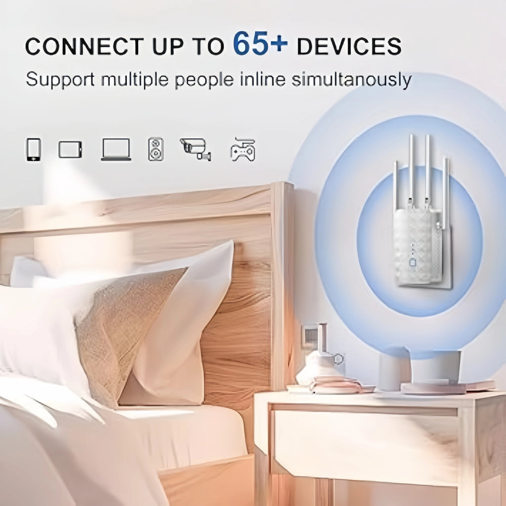 White 4-antenna WiFi range extender plugged into a bedroom wall, showing signal range covering 65+ devices.