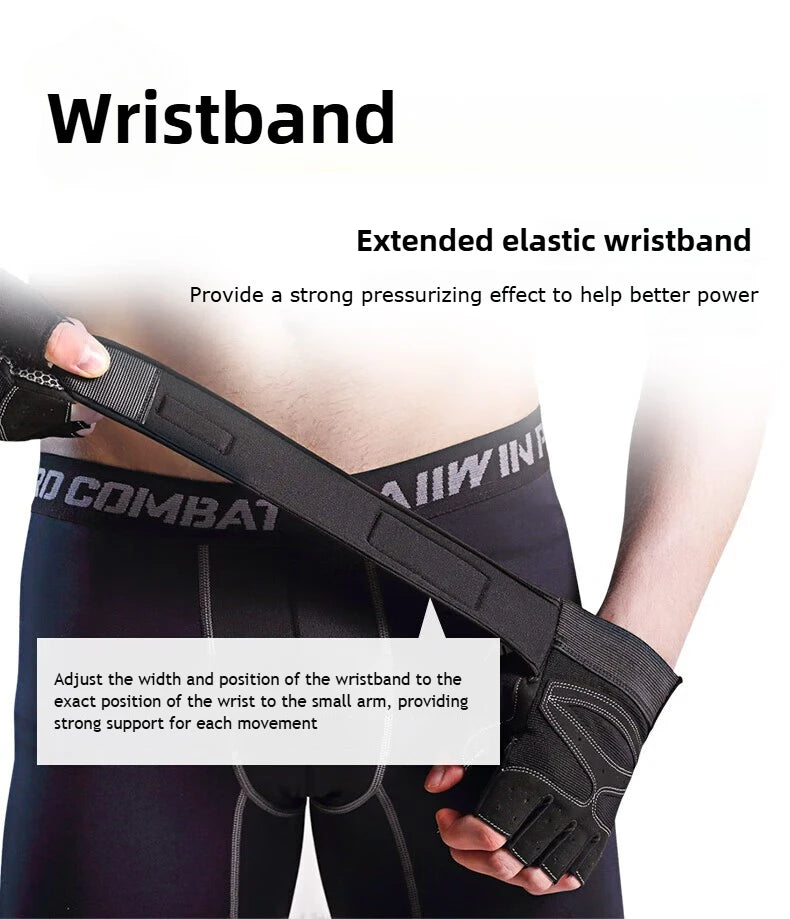 Black fingerless gym gloves with an integrated, adjustable elastic wrist support strap.
