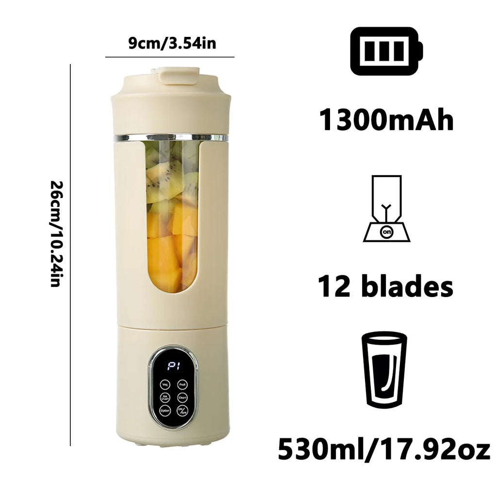 Cream-colored portable electric blender with 12 blades, 530ml capacity, 1300mAh battery, and digital control panel.