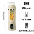 Cream-colored portable electric blender with 12 blades, 530ml capacity, 1300mAh battery, and digital control panel.