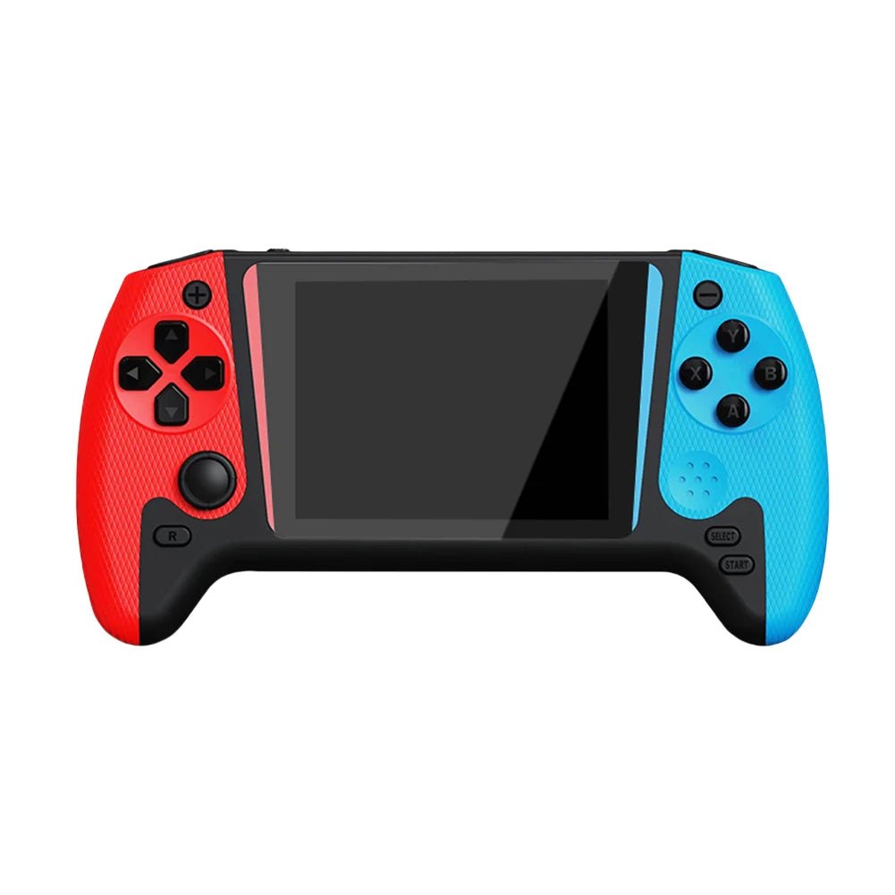 Retro handheld game console with black central screen, red left grip, and blue right grip with control buttons.