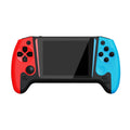 Retro handheld game console with black central screen, red left grip, and blue right grip with control buttons.