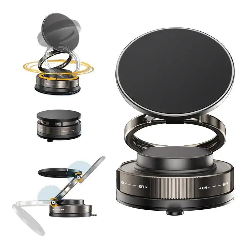 Black foldable magnetic phone holder with a rotating, adjustable stand base for desktop use.