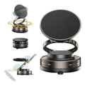 Black foldable magnetic phone holder with a rotating, adjustable stand base for desktop use.