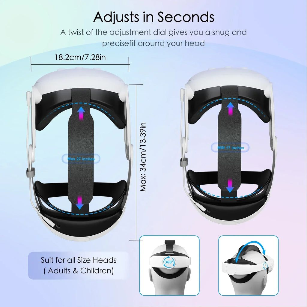 White VR headset battery head strap with black cushions and adjustable sizing diagrams.
