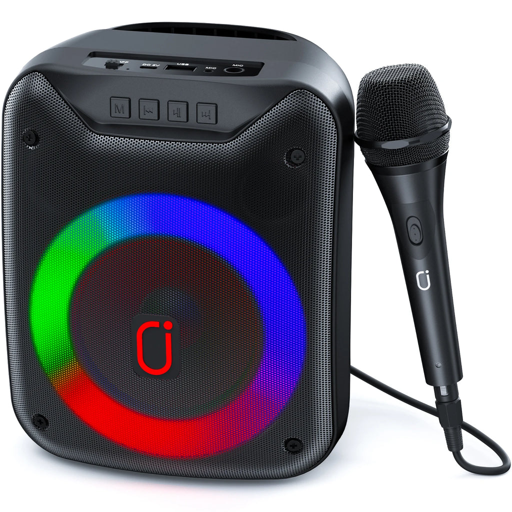 Portable black wireless speaker with a multi-coloured LED ring light and a wired handheld microphone.