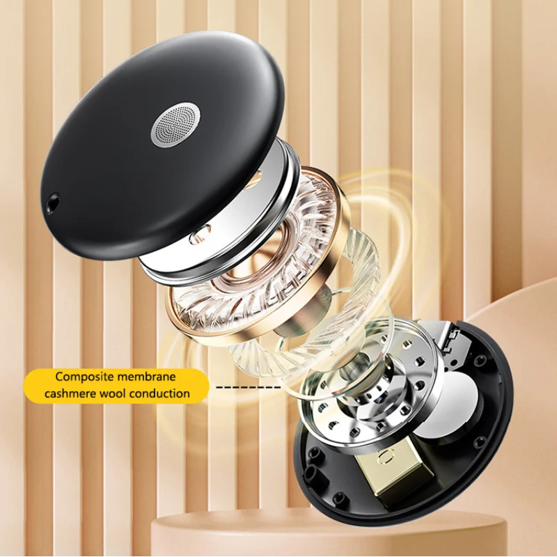 Exploded view of a black, portable waterproof shower speaker showing internal speaker components and composite membrane.