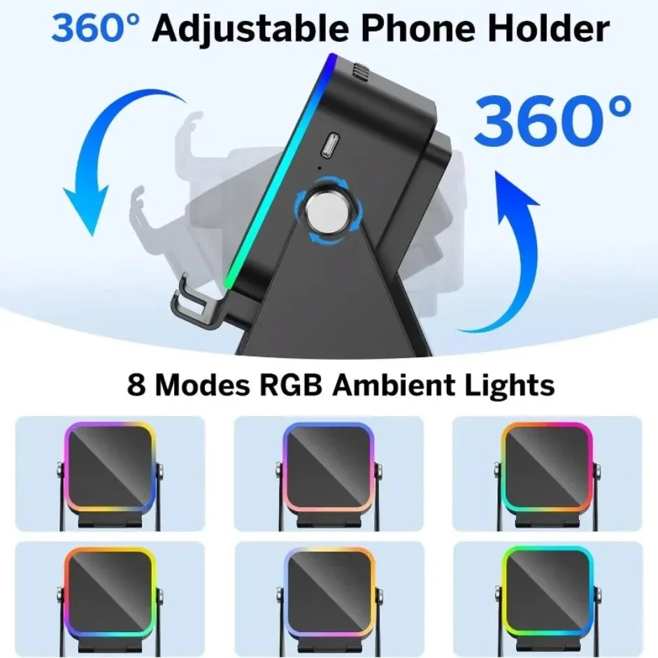 Black 5-in-1 portable Bluetooth speaker with 360-degree adjustable phone stand and 8 colourful RGB lighting modes.