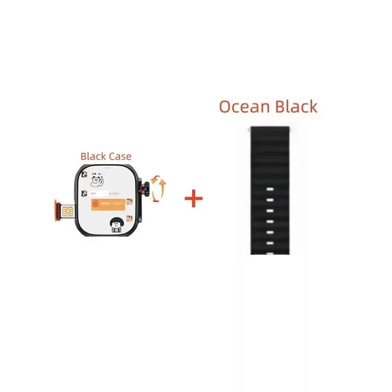Black 4G Android smartwatch with a 180° rotatable camera, SIM slot, and a ribbed Ocean Black silicone strap.