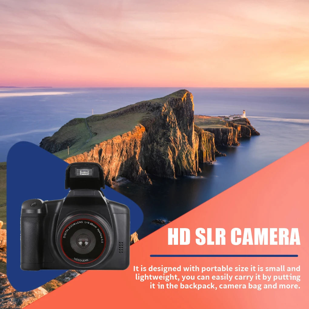 Black plastic digital SLR camera with a lens and pop-up flash, shown in front of a landscape background.
