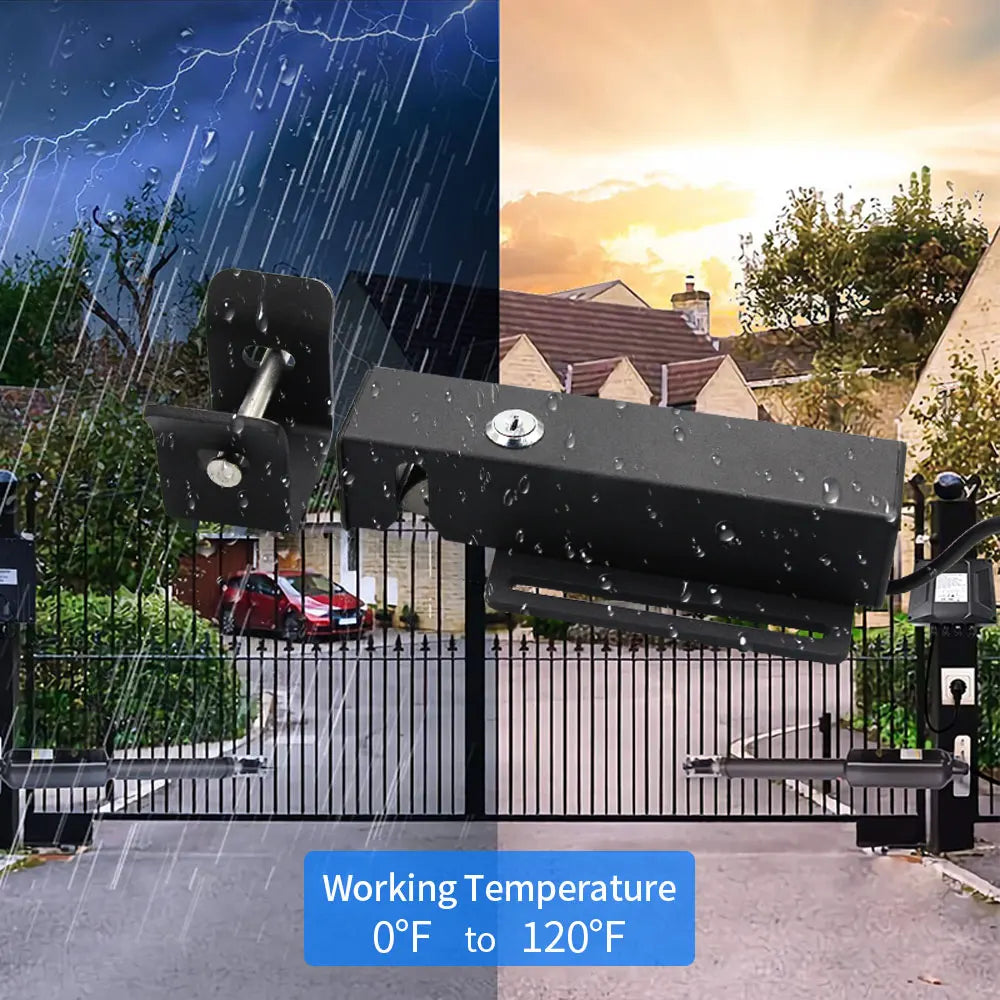 Black metal gate lock with a key cylinder, designed for outdoor use in various weather conditions.
