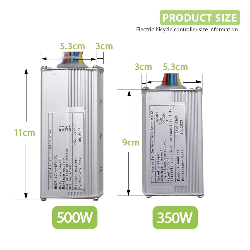 Two silver rectangular electric bike controllers with size measurements of 500W and 350W models.