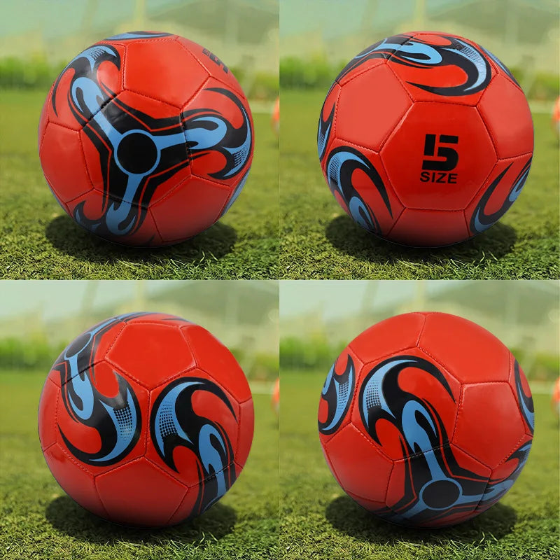 Size 5 football with a red base and blue and black flame-style patterned graphics on a grass pitch.