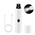 White electric pet nail grinder with a black power button, USB charging cable, protective cap and built-in LED light.