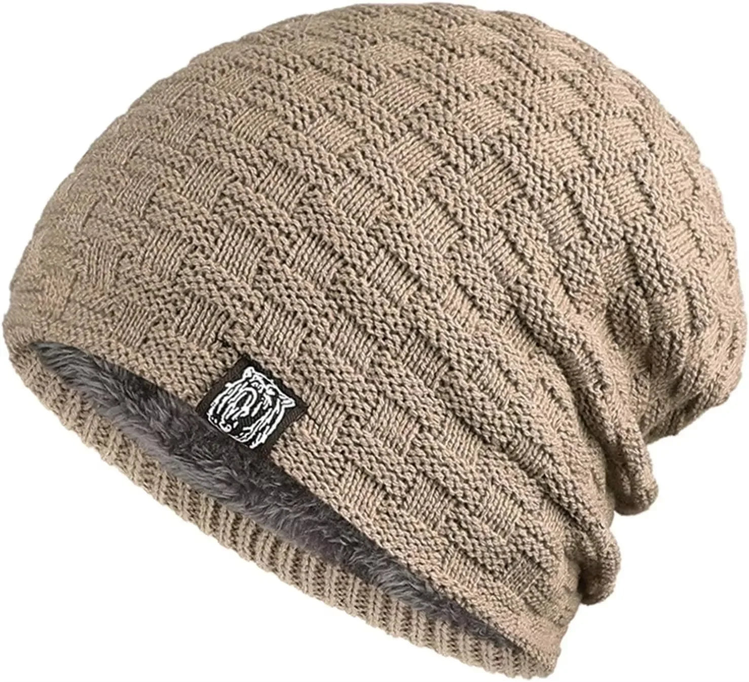 Beige unisex beanie hat in a textured basket-weave knit with a soft, grey plush thermal lining.