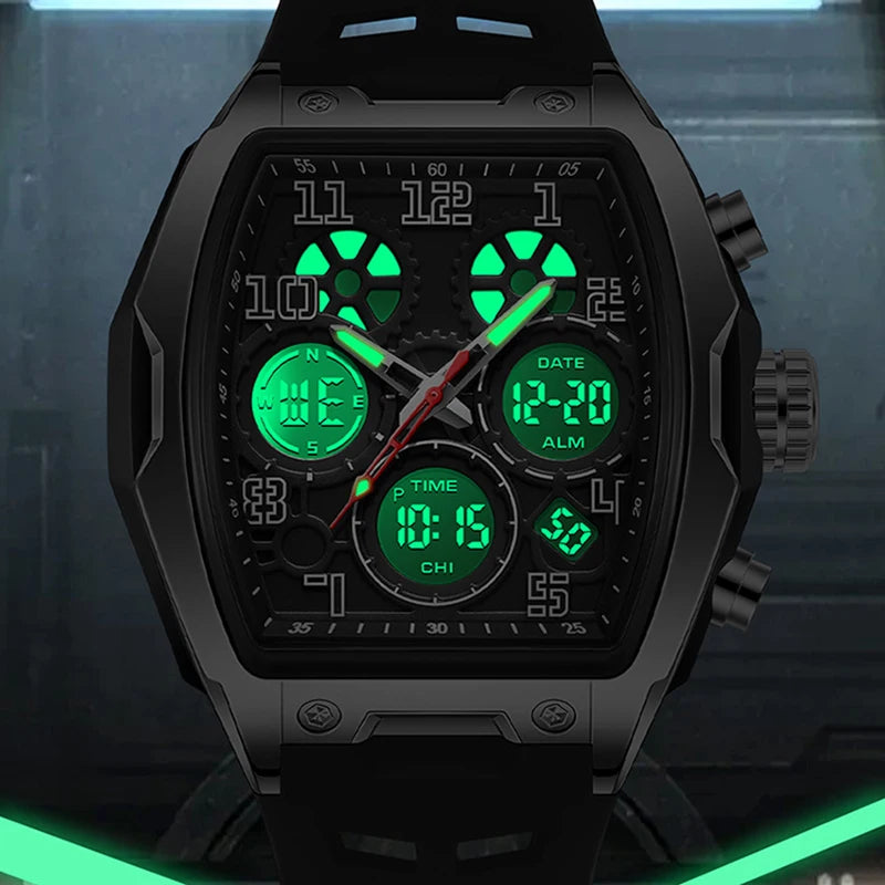 Black military dual-display watch with tonneau case, digital subdials, glowing green markers, and silicone band.